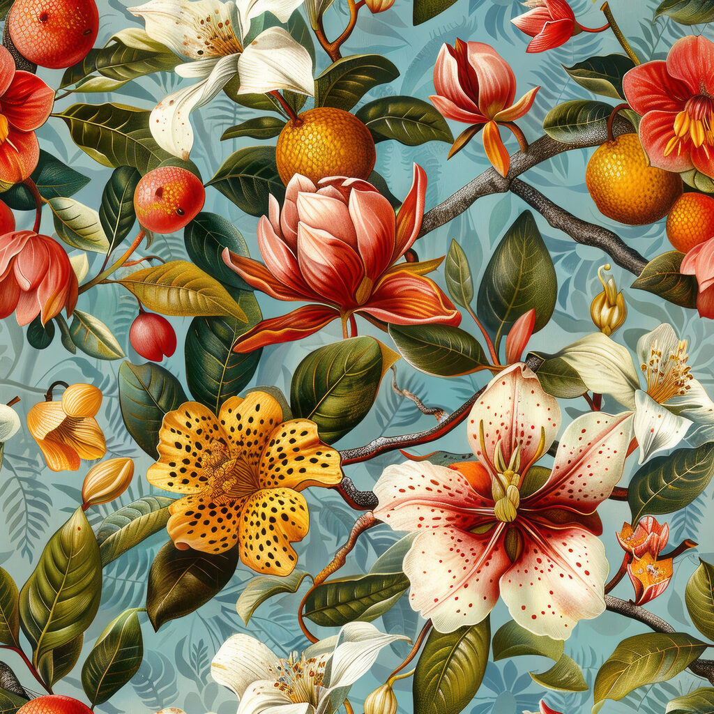 Fleurs et fruits orange — motif complet