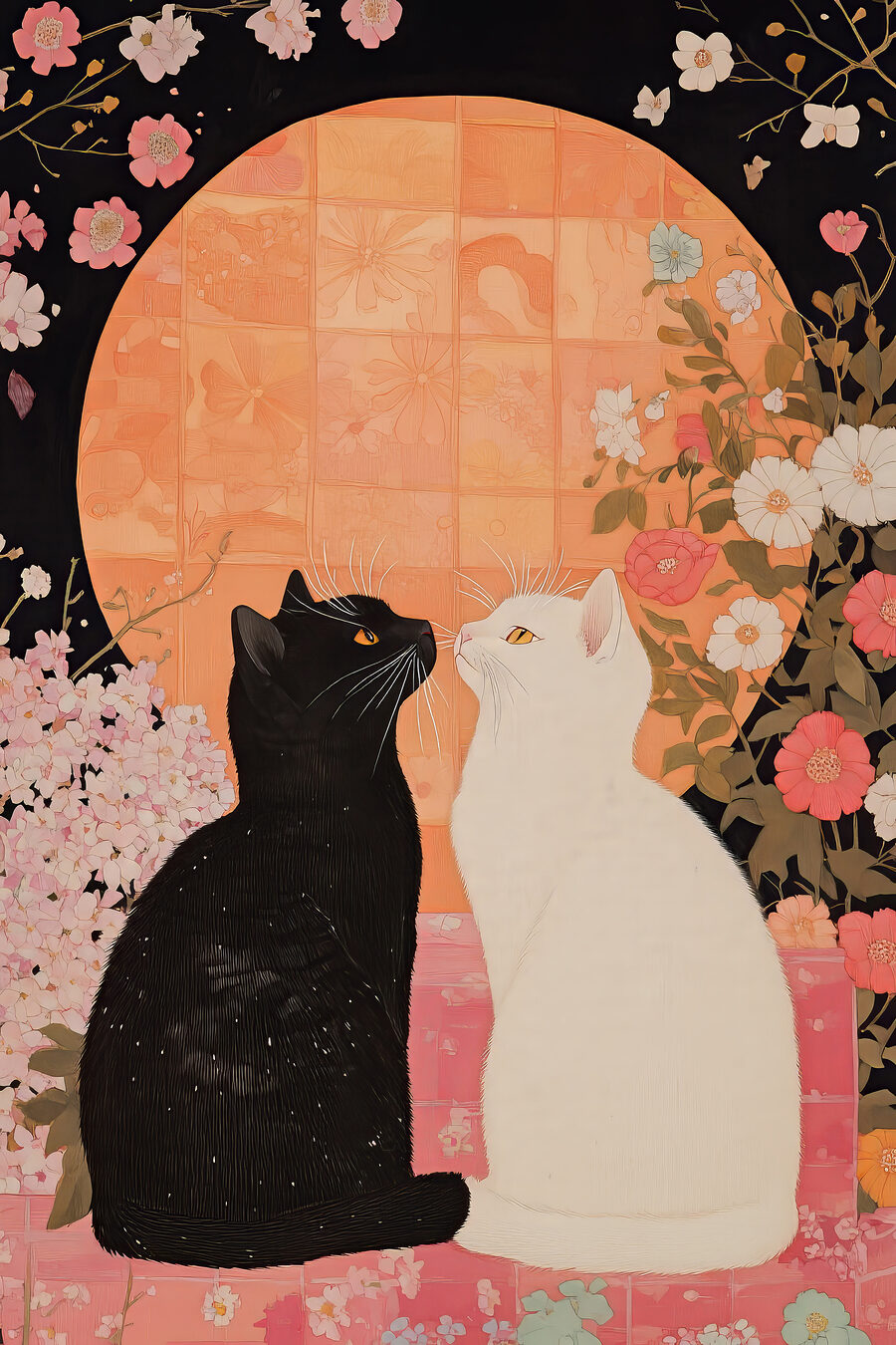 Chats sous les fleurs — motif complet