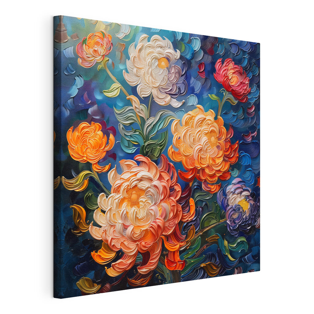 Fleurs en touches épaisses, toile tendue et bord enveloppé