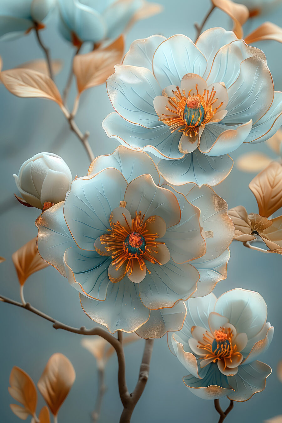 Fleurs bleues, branches dorées — motif complet