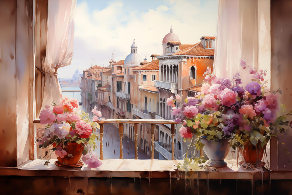 Fleurs au-dessus des toits — motif complet