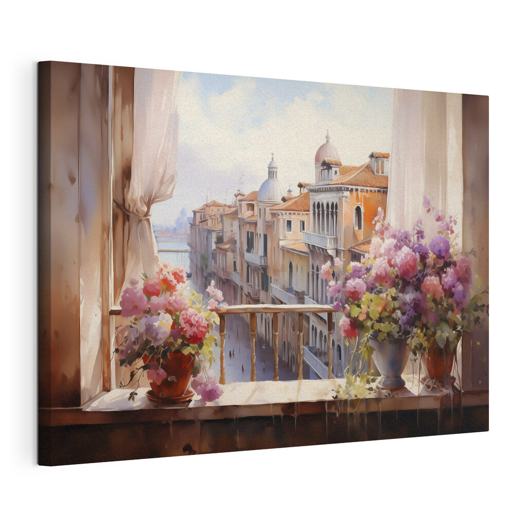 Fleurs au-dessus des toits, toile tendue et bord enveloppé