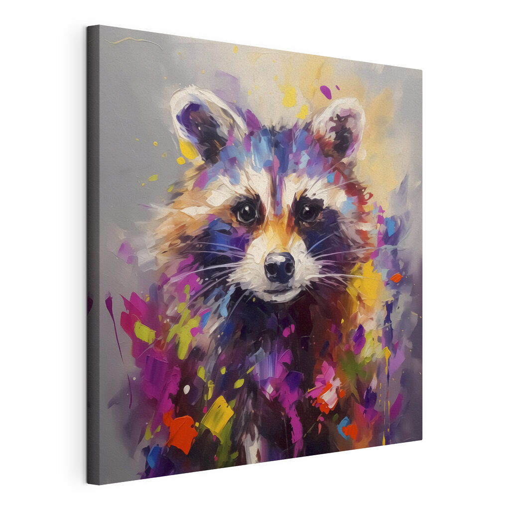 Raton laveur, touches violettes, toile tendue et bord enveloppé
