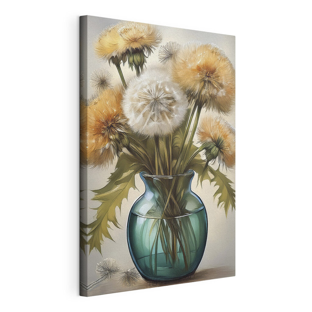Pissenlits dans un vase, toile tendue et bord enveloppé