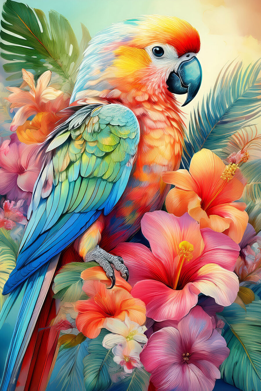Perroquet et fleurs tropicales — motif complet