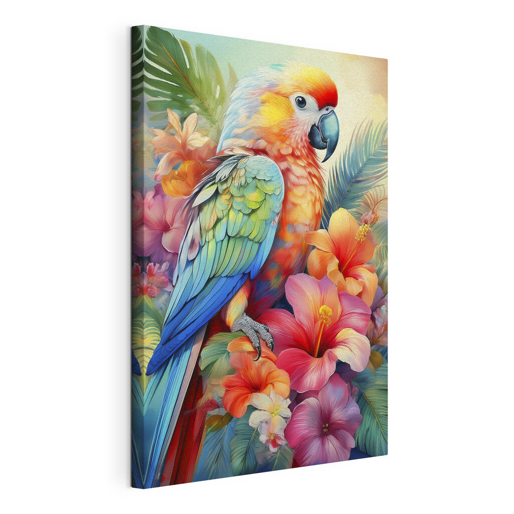 Perroquet et fleurs tropicales, toile tendue et bord enveloppé