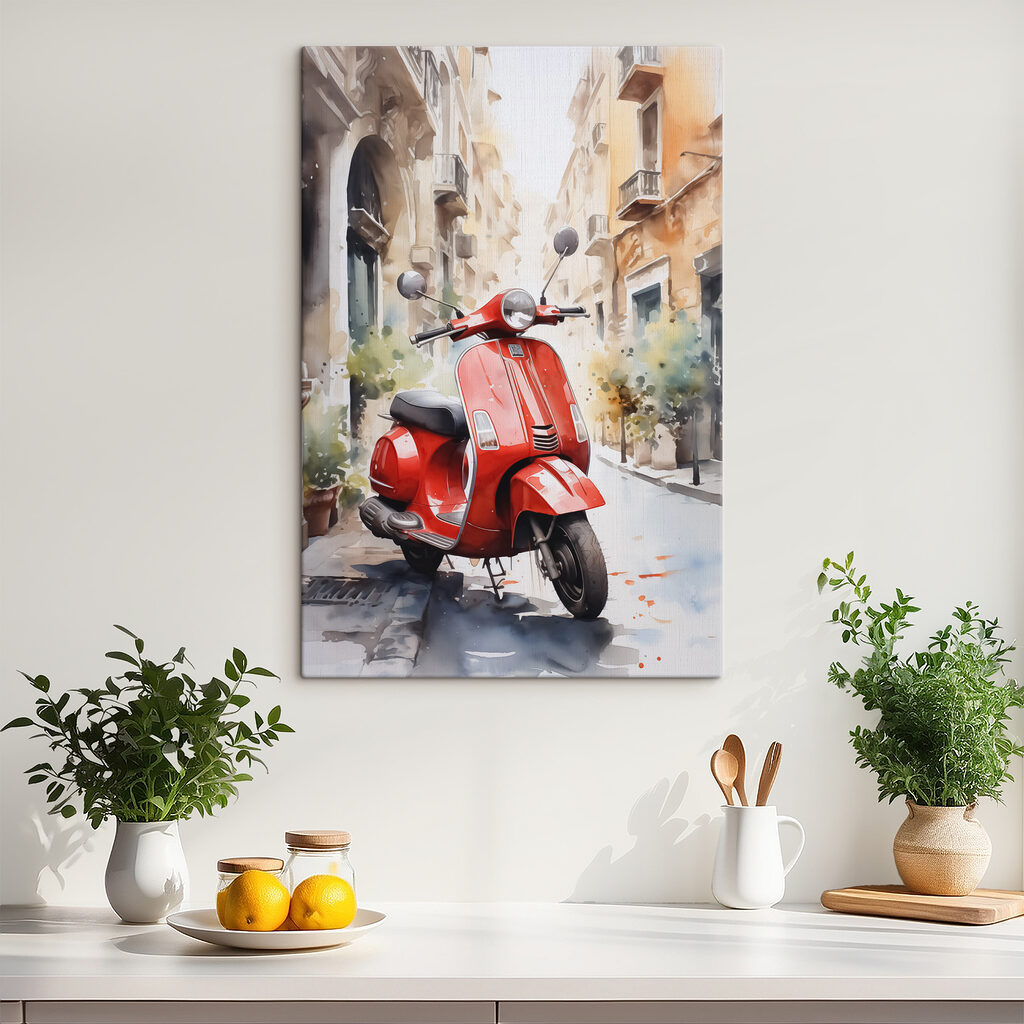 Scooter rouge en ruelle — intérieur 1