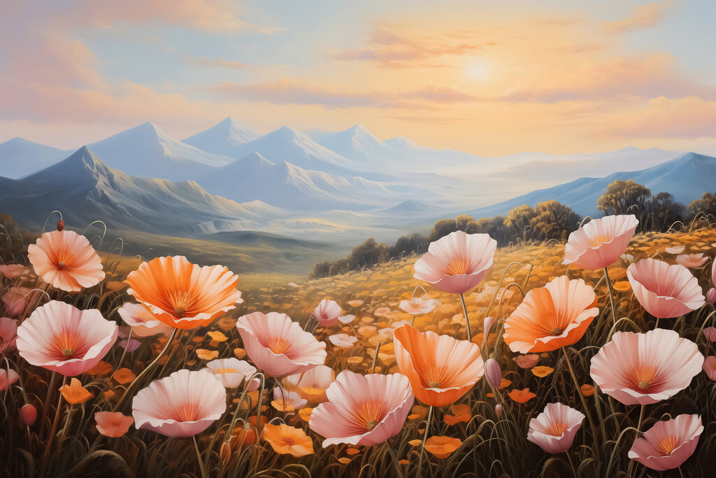 Fleurs roses et montagnes — motif complet