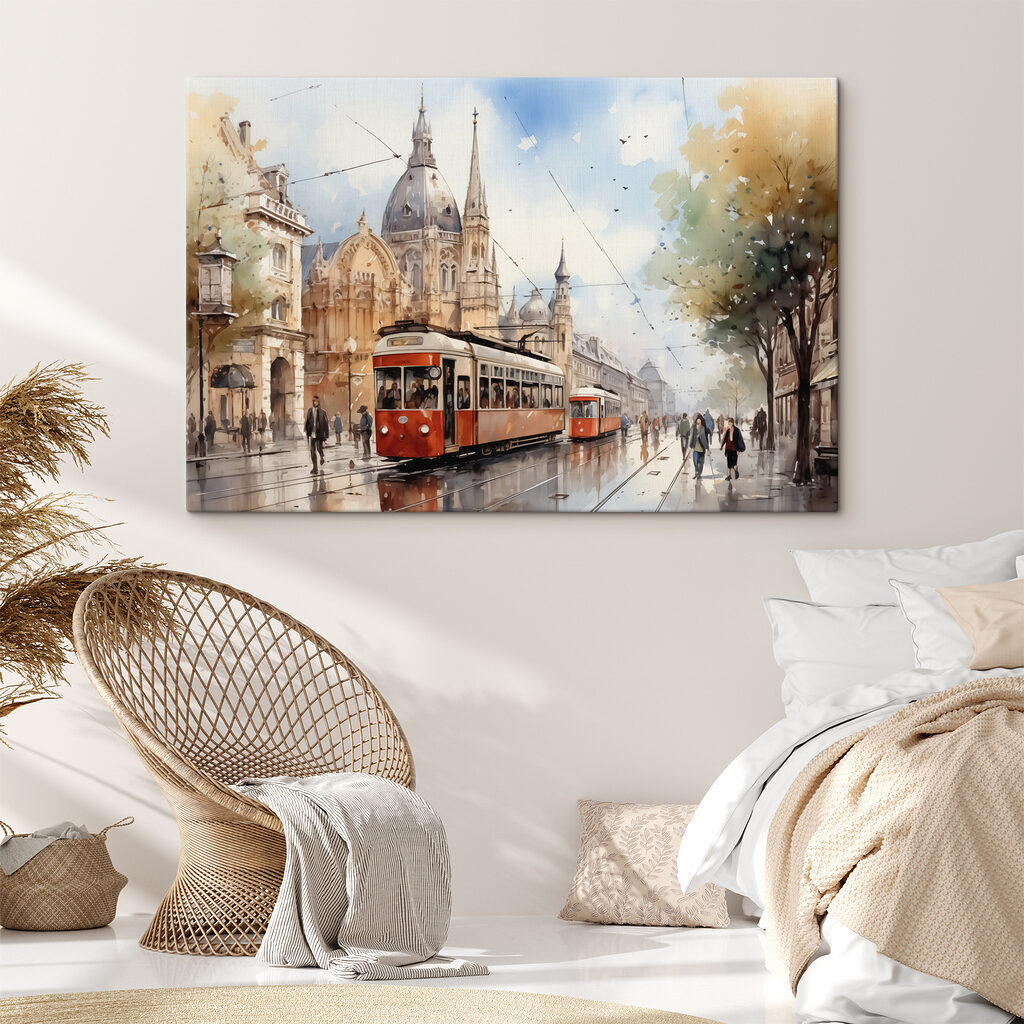 Tram rouge sous l’averse dans un intérieur