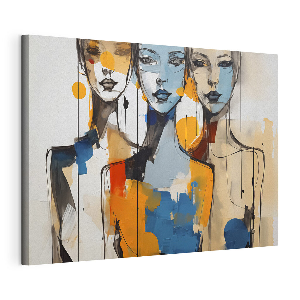 Trois visages en couleurs, toile tendue et bord enveloppé