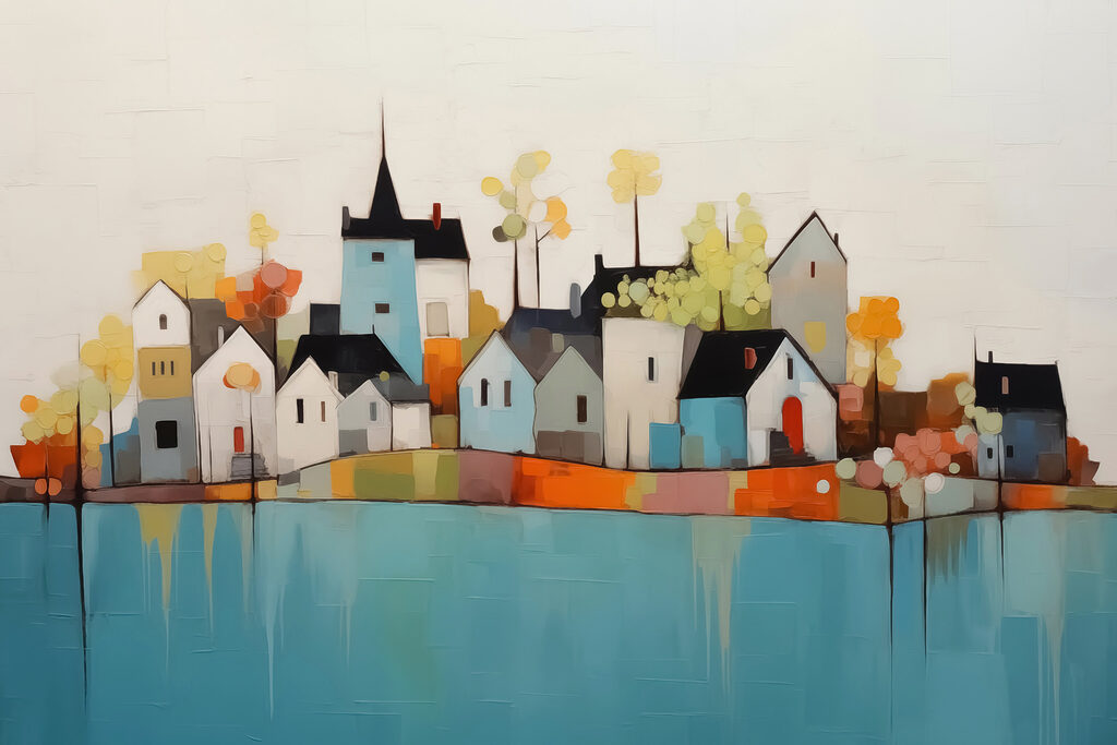 Village sur l’eau turquoise — motif complet
