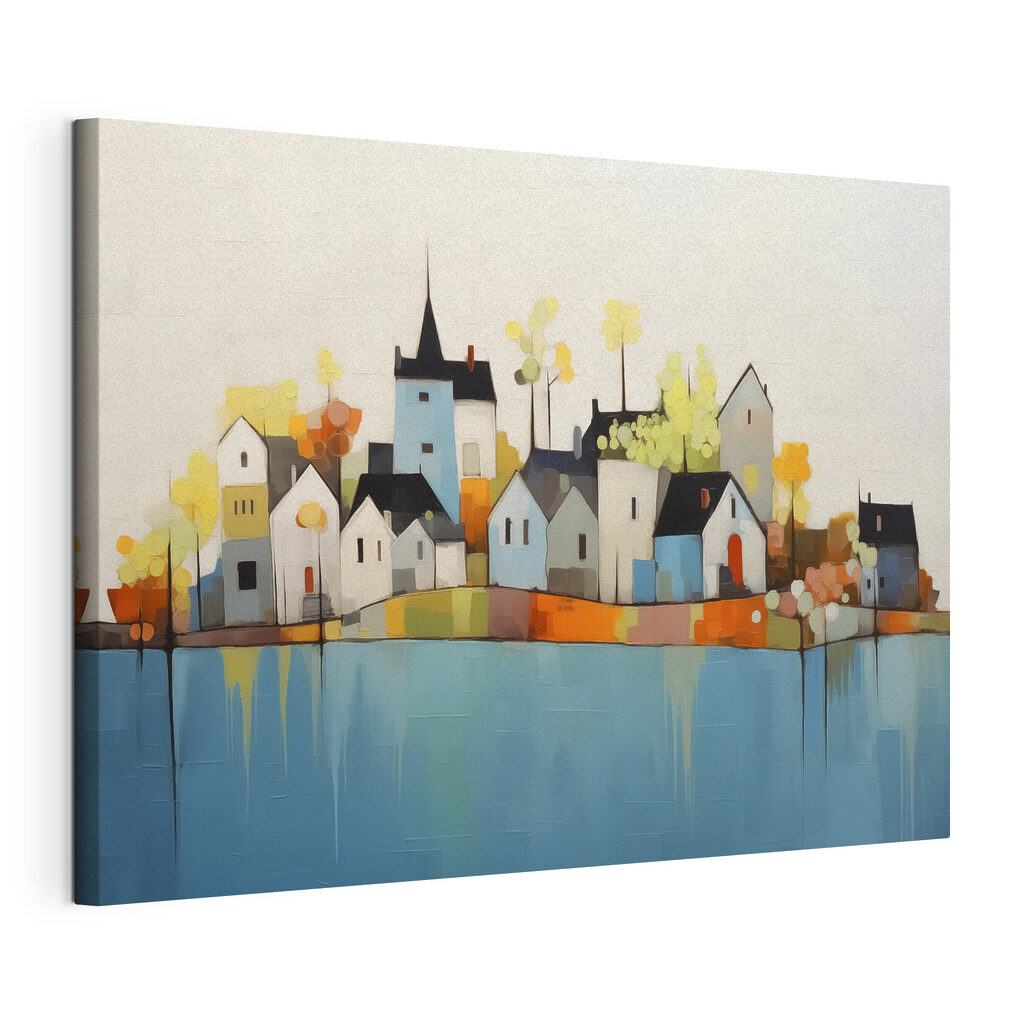Village sur l’eau turquoise, toile tendue et bord enveloppé