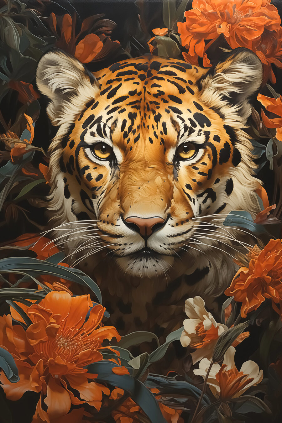 Tigre parmi les fleurs — motif complet