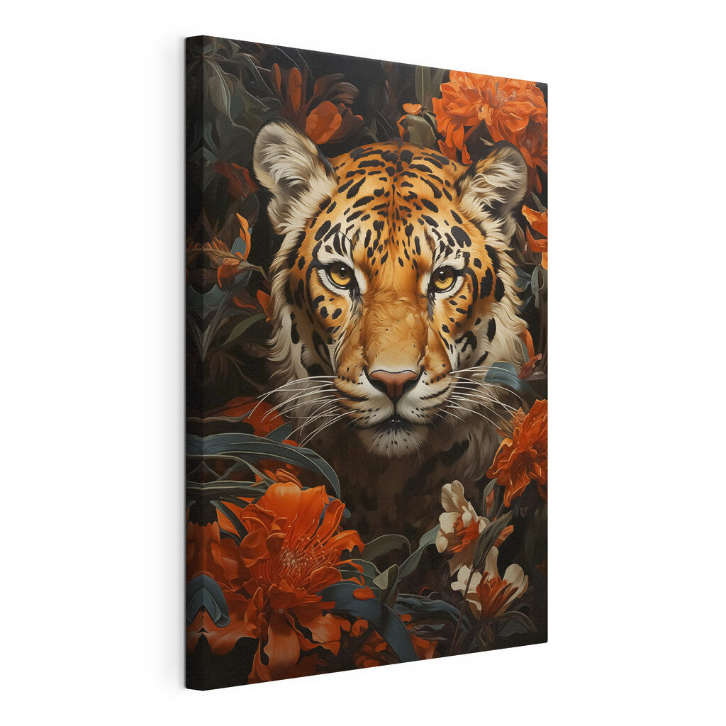 Tigre parmi les fleurs, toile tendue et bord enveloppé