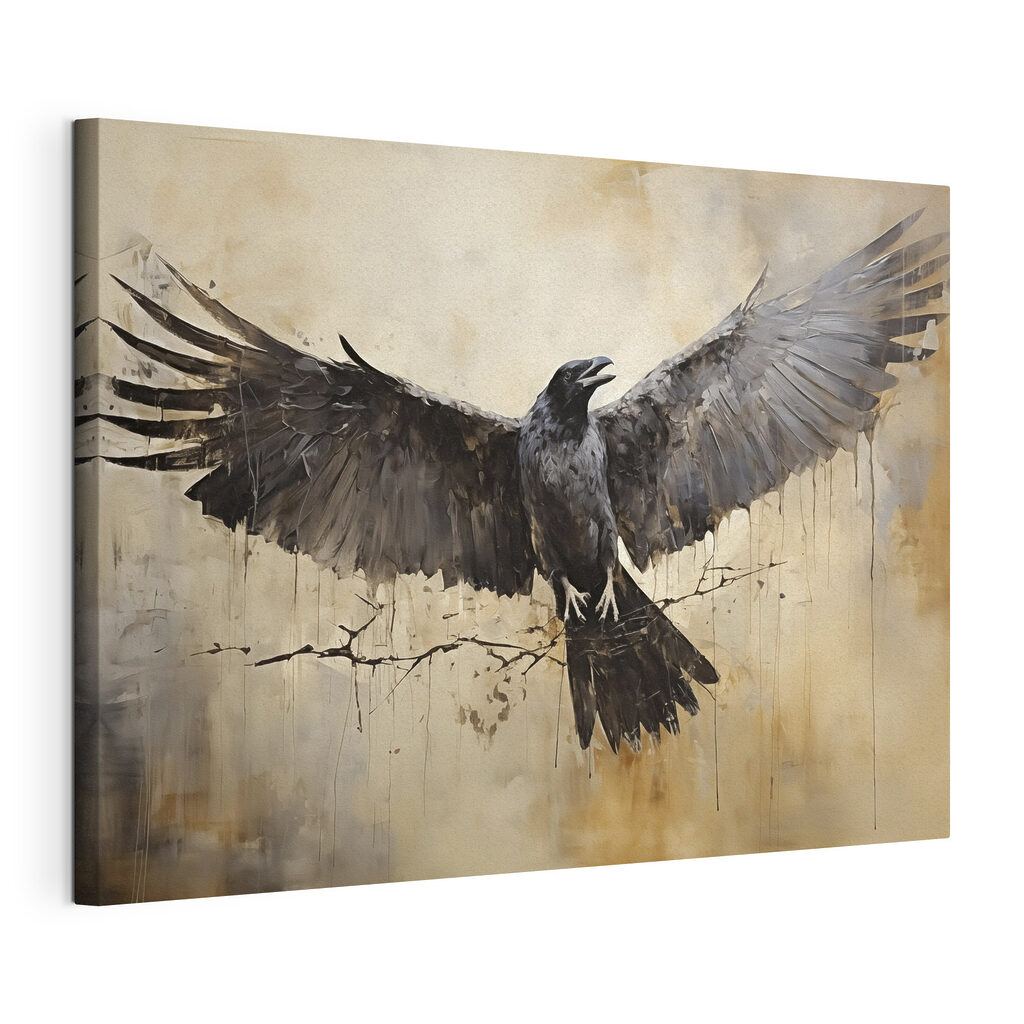 Corbeau aux ailes déployées, toile tendue et bord enveloppé