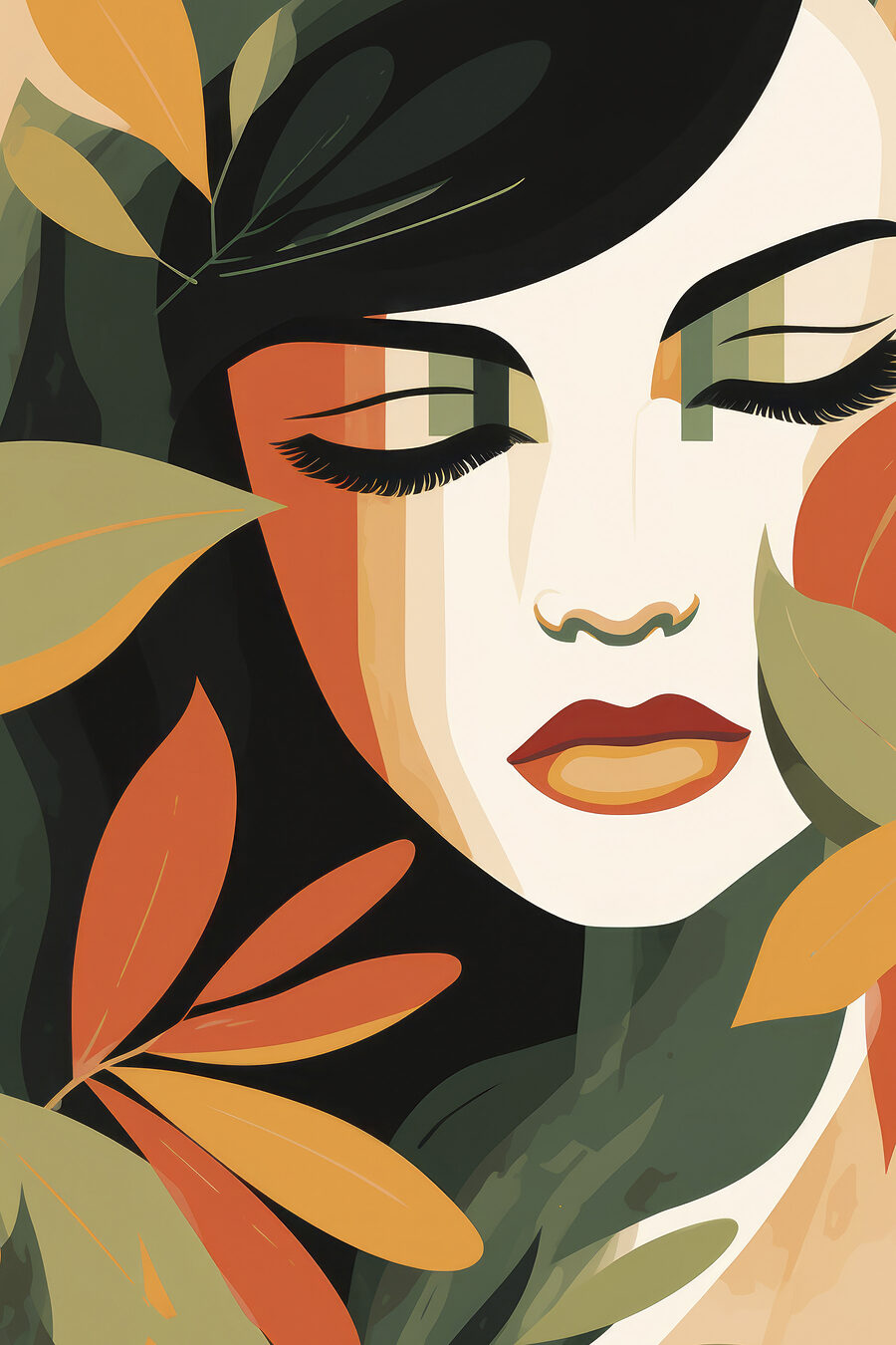Yeux clos, feuilles d’automne — motif complet