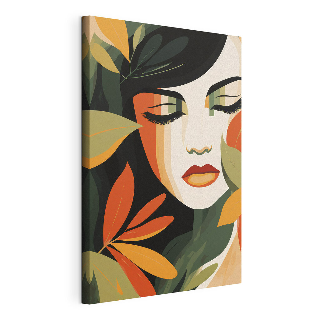 Yeux clos, feuilles d’automne, toile tendue et bord enveloppé
