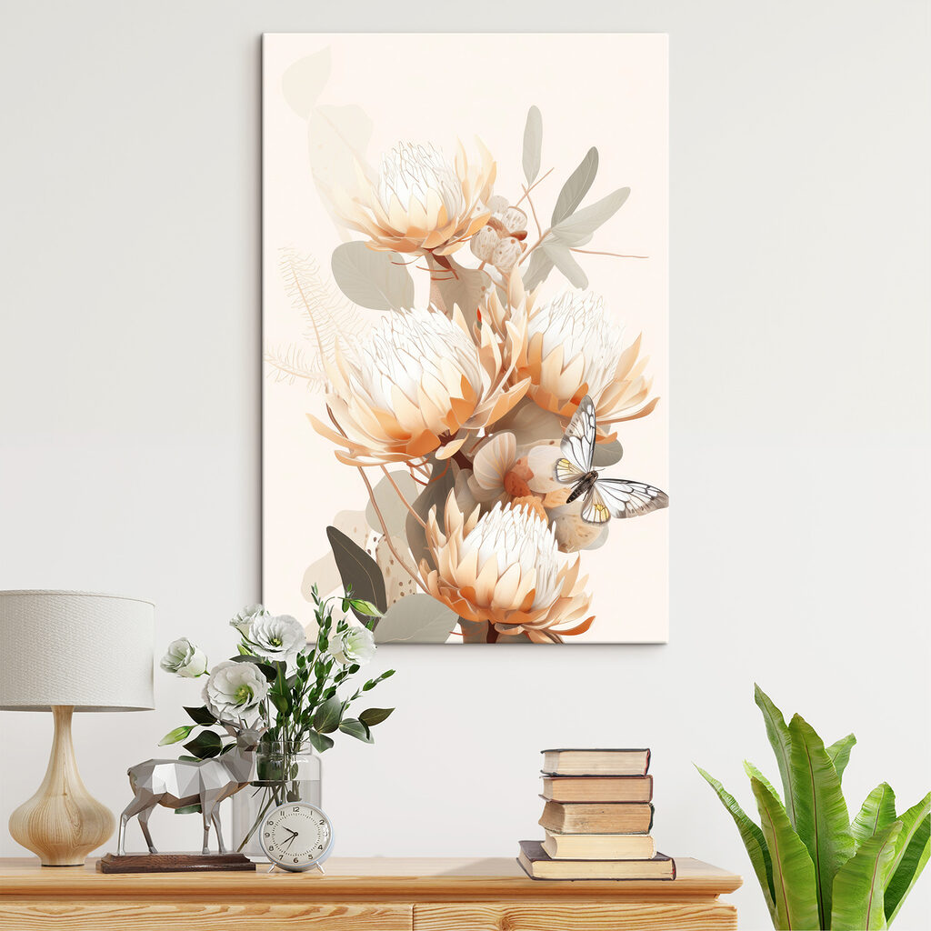 Protéas pâles et feuillage — intérieur 2
