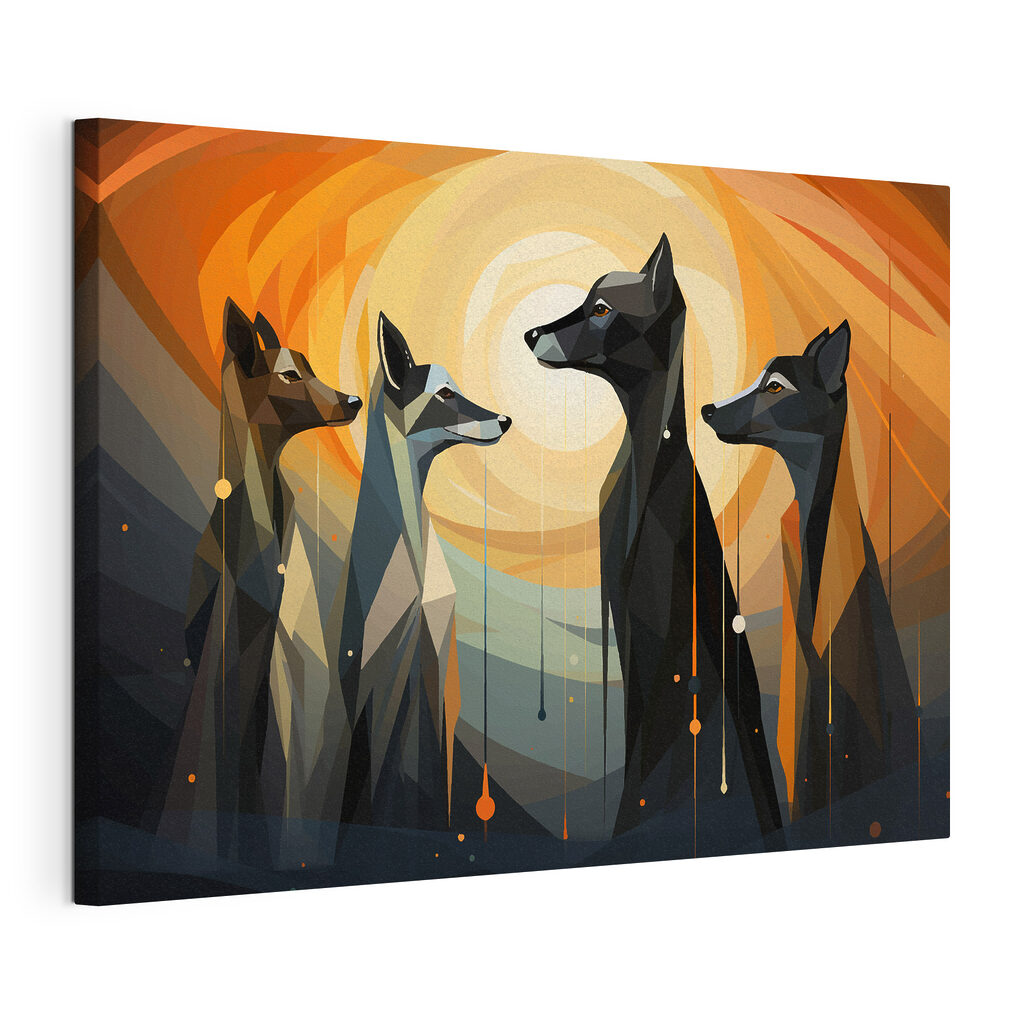 Quatre chiens au soleil, toile tendue et bord enveloppé