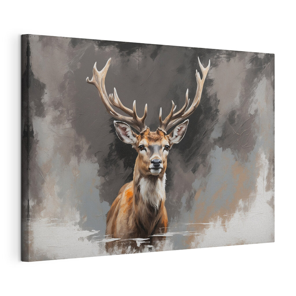 Cerf aux tons feutrés, toile tendue et bord enveloppé