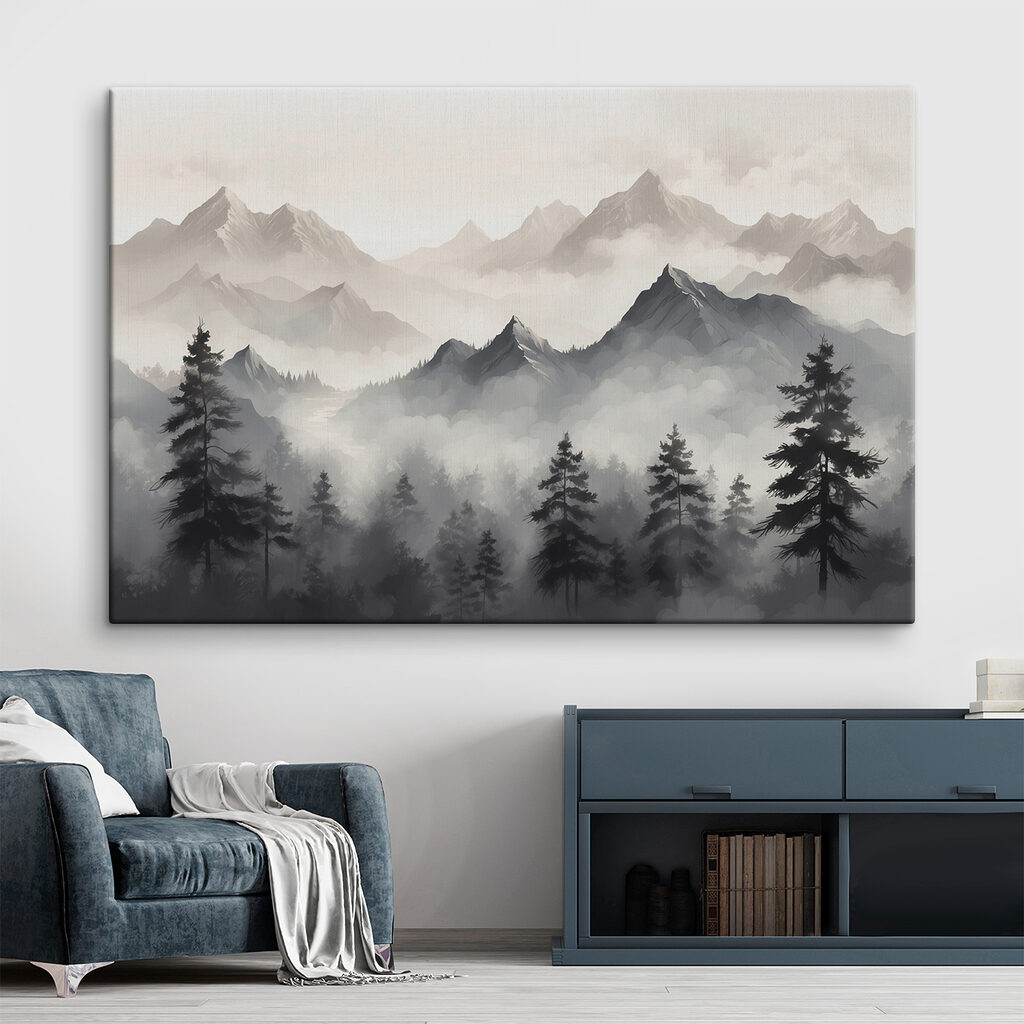 Pins et montagnes grises dans un intérieur