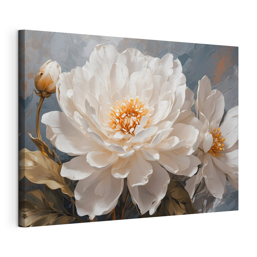 Pivoine blanche, gris ardoise, toile tendue et bord enveloppé