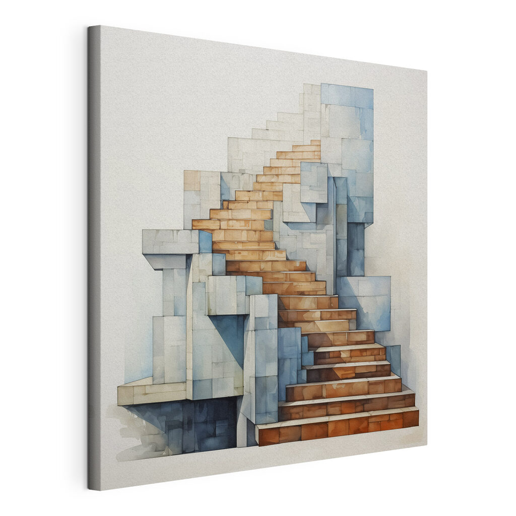 Escalier en gris-bleu, toile tendue et bord enveloppé