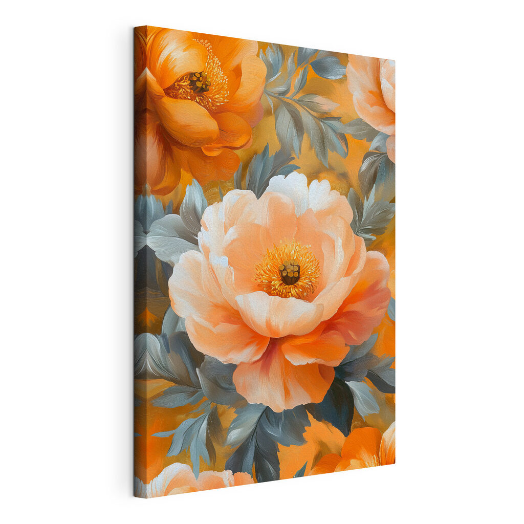 Fleurs couleur pêche, toile tendue et bord enveloppé