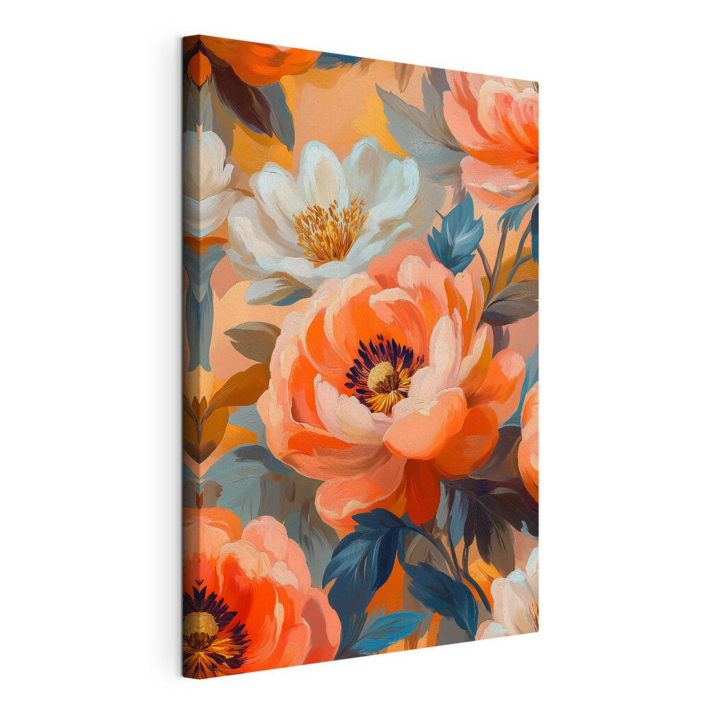 Floraison orangée, toile tendue et bord enveloppé