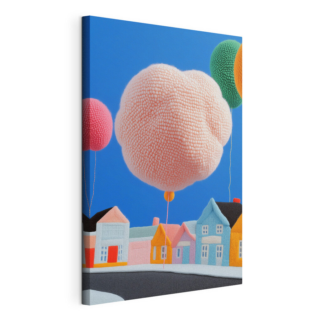 Ballon rose et maisonnettes, toile tendue et bord enveloppé