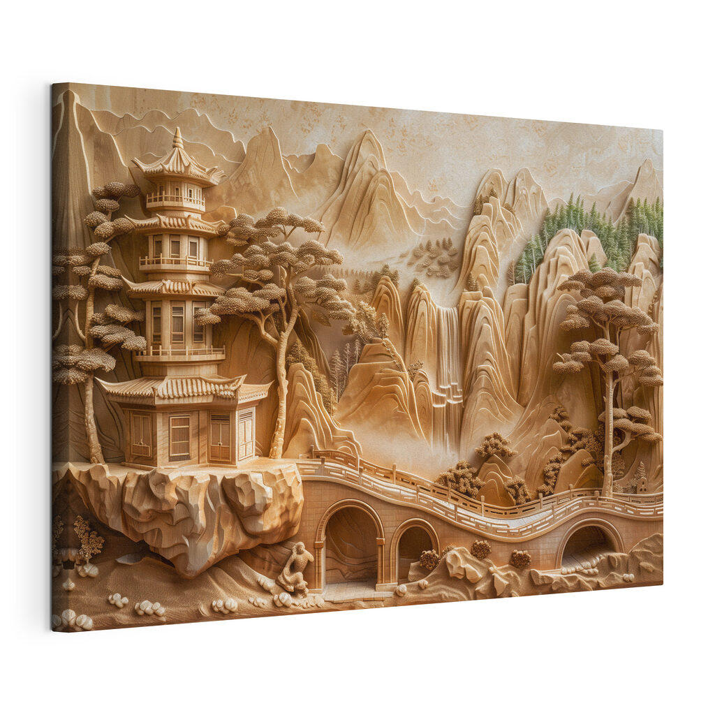 Pagode et montagnes sable, toile tendue et bord enveloppé