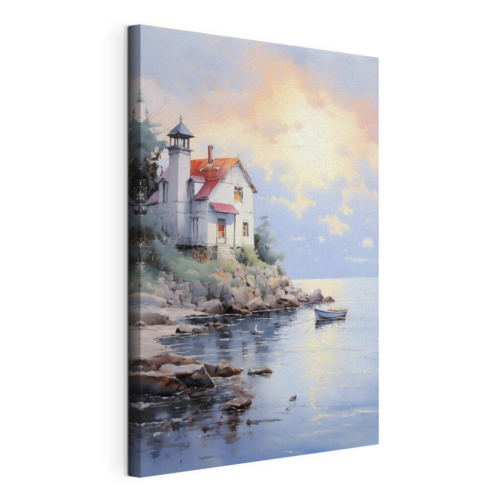 Maison côtière au couchant, toile tendue et bord enveloppé