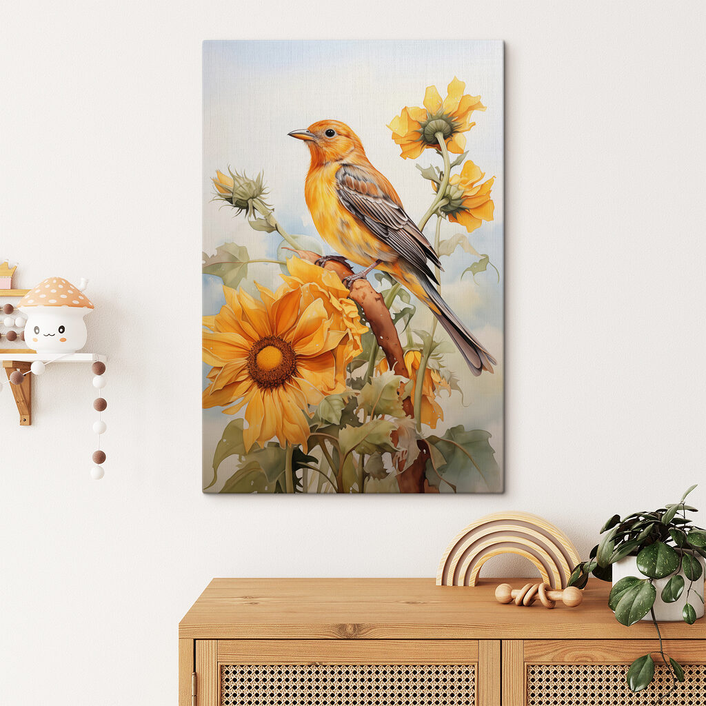 Oiseau et fleurs jaunes dans un intérieur