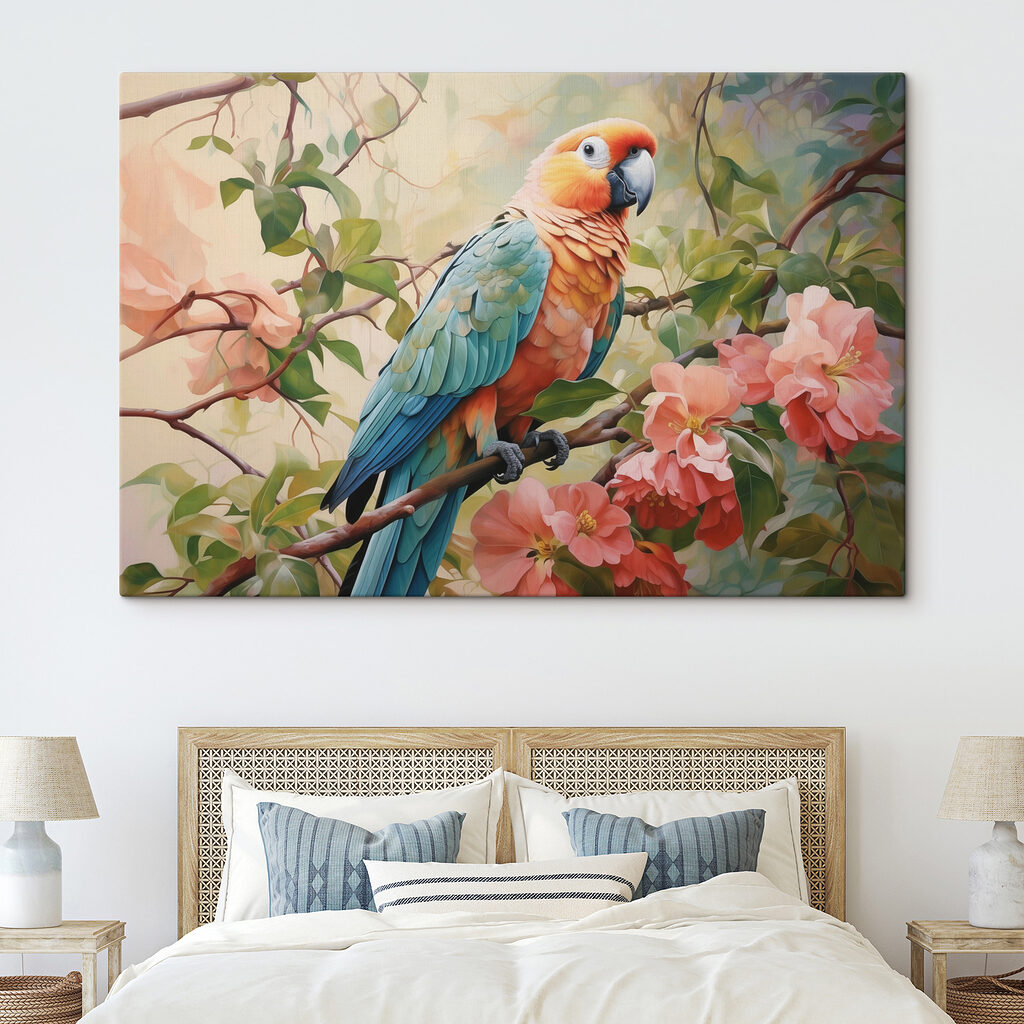 Ara sur branche fleurie — intérieur 1