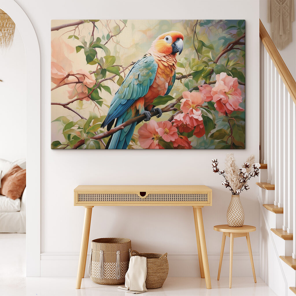 Ara sur branche fleurie — intérieur 2