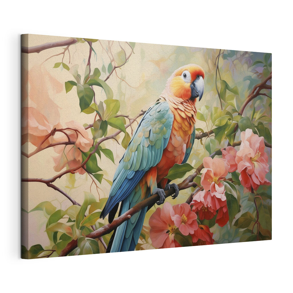 Ara sur branche fleurie, toile tendue et bord enveloppé