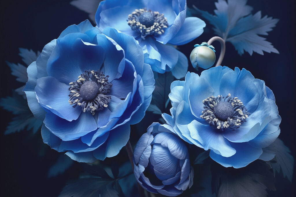 Trois fleurs bleu profond — motif complet