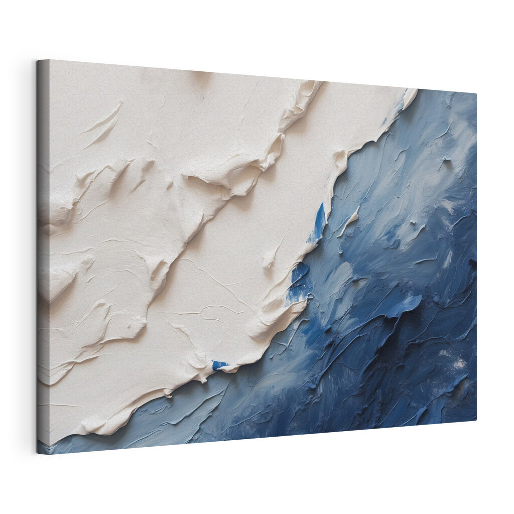 Blanc sur bleu profond, toile tendue et bord enveloppé