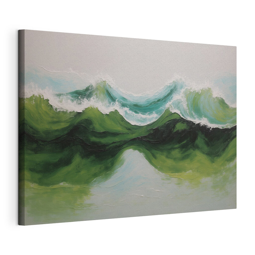 Vagues vertes et écume, toile tendue et bord enveloppé