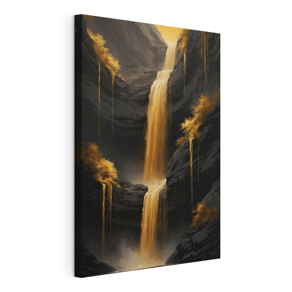 Cascade dorée dans l’ombre, toile tendue et bord enveloppé