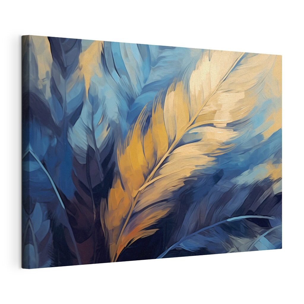 Plume d’or sur bleu, toile tendue et bord enveloppé