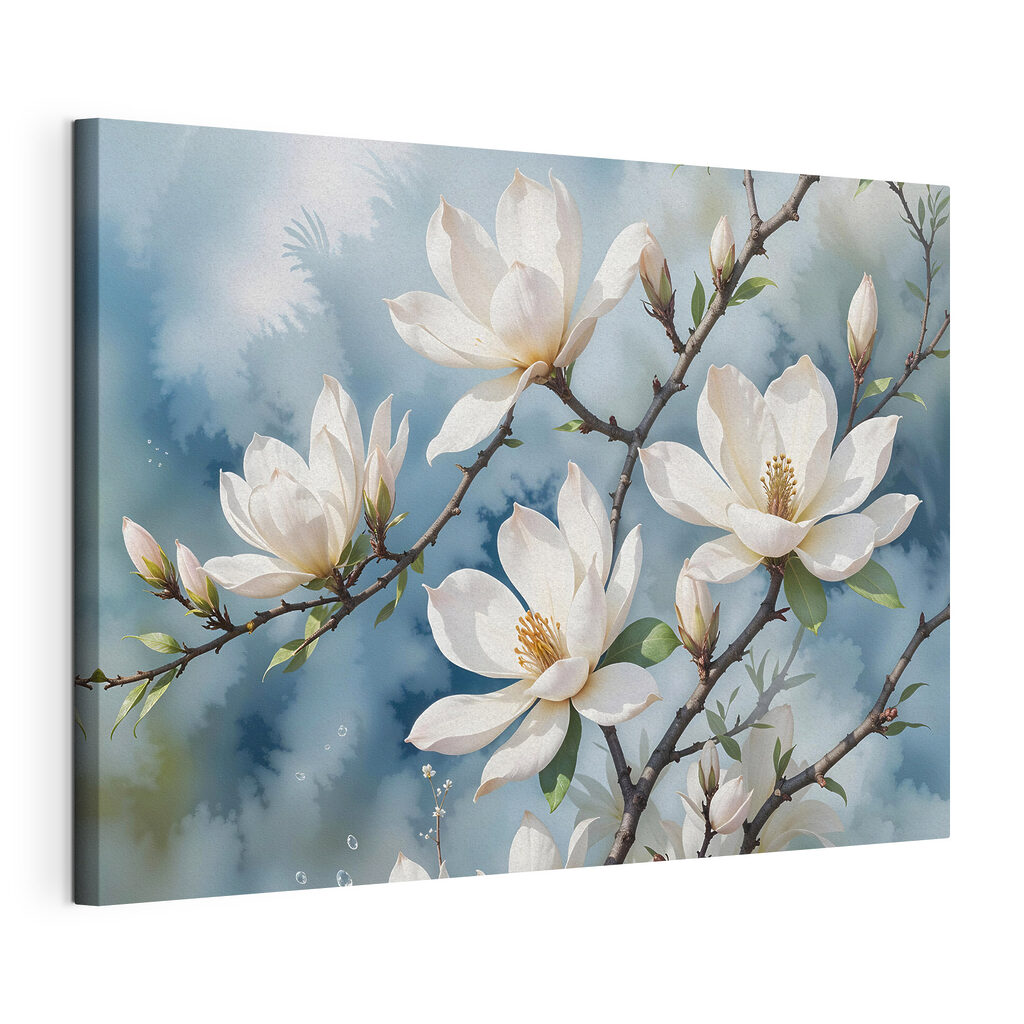 Magnolia blanc sur gris-bleu, toile tendue et bord enveloppé