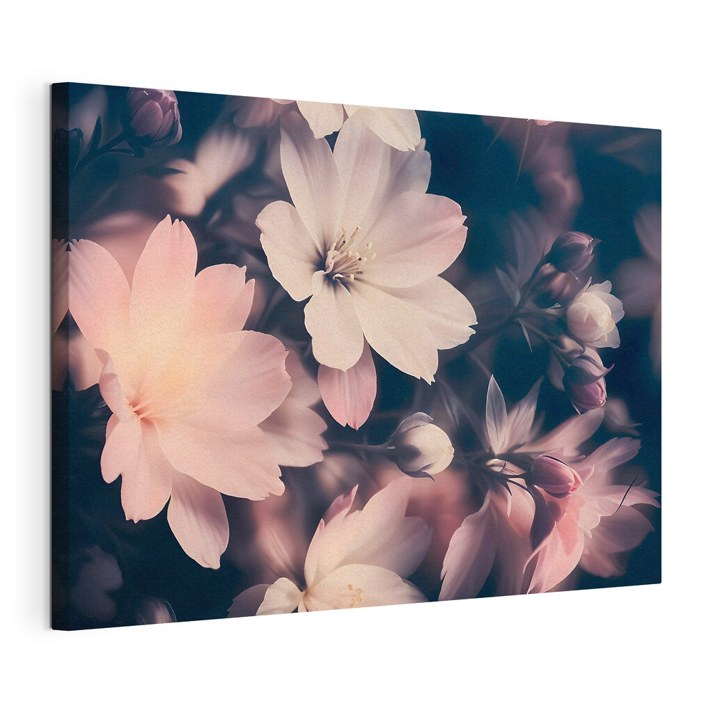 Fleurs roses dans l’ombre, toile tendue et bord enveloppé