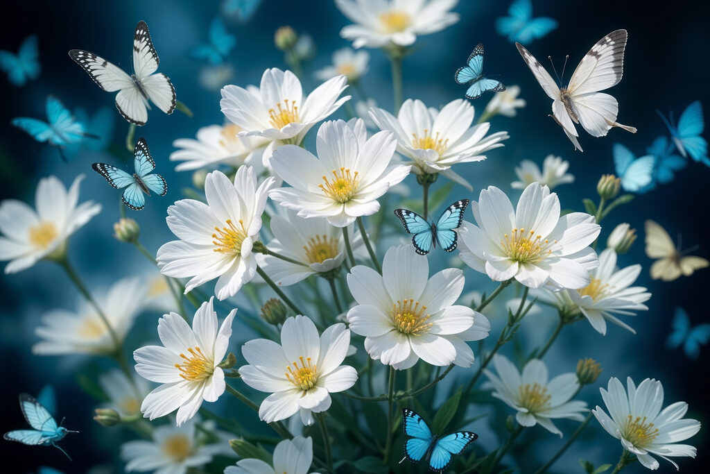 Papillons et fleurs blanches — motif complet