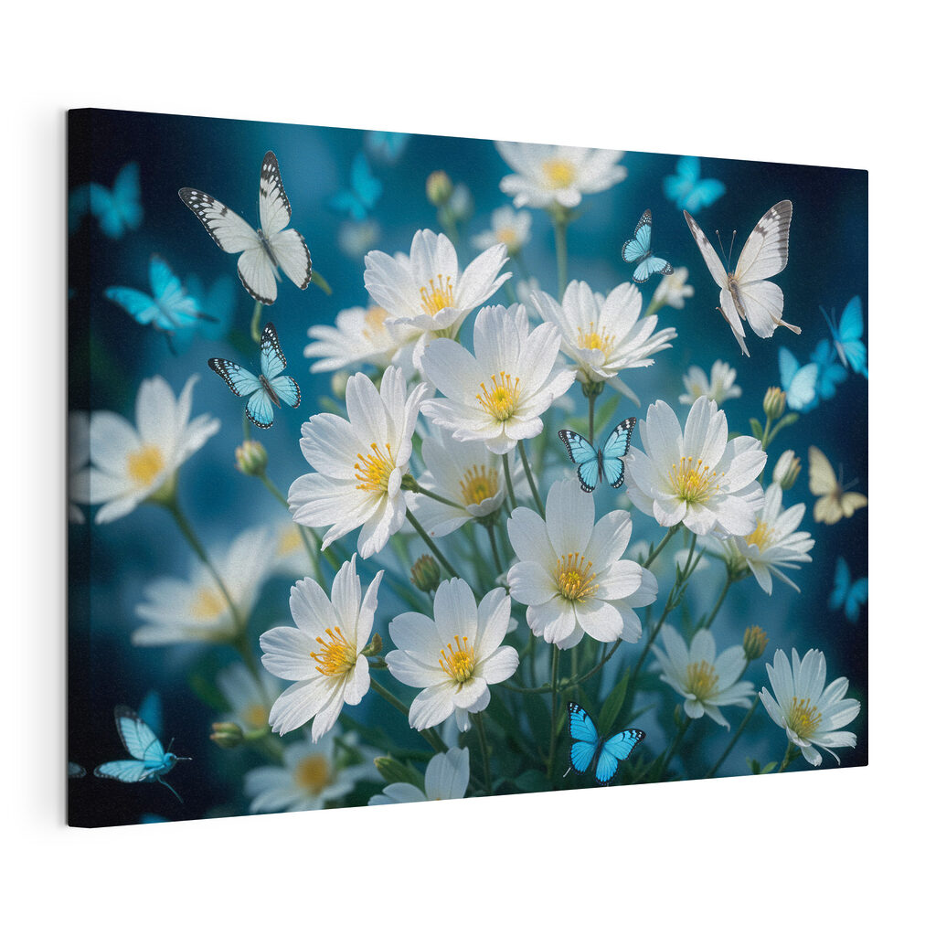 Papillons et fleurs blanches, toile tendue et bord enveloppé