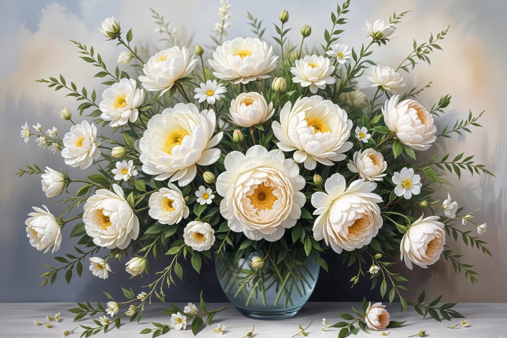 Vase de roses blanches — motif complet