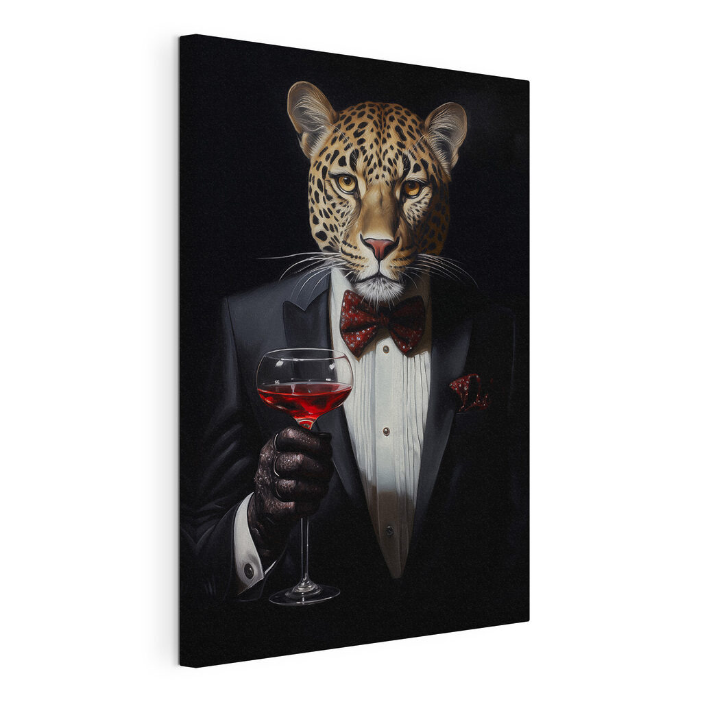 Léopard en smoking, toile tendue et bord enveloppé