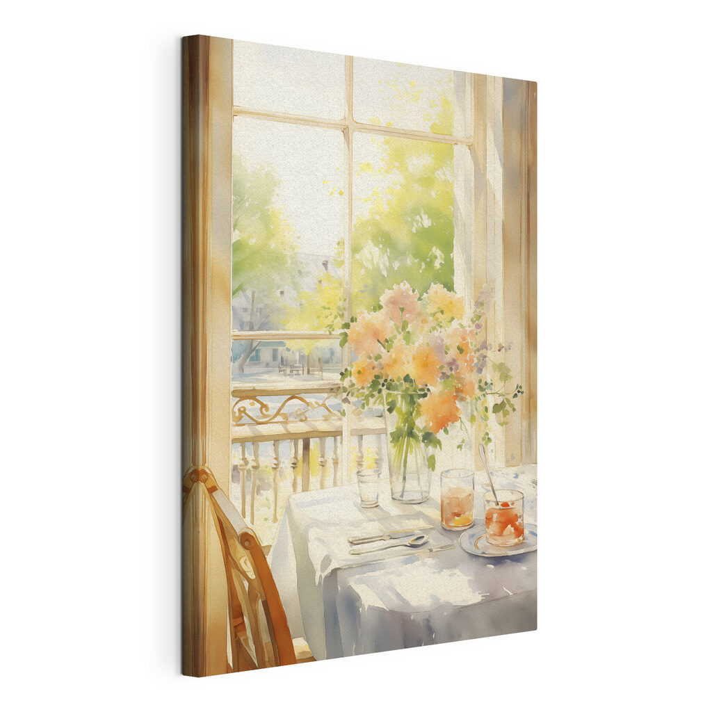 Table dressée au soleil, toile tendue et bord enveloppé