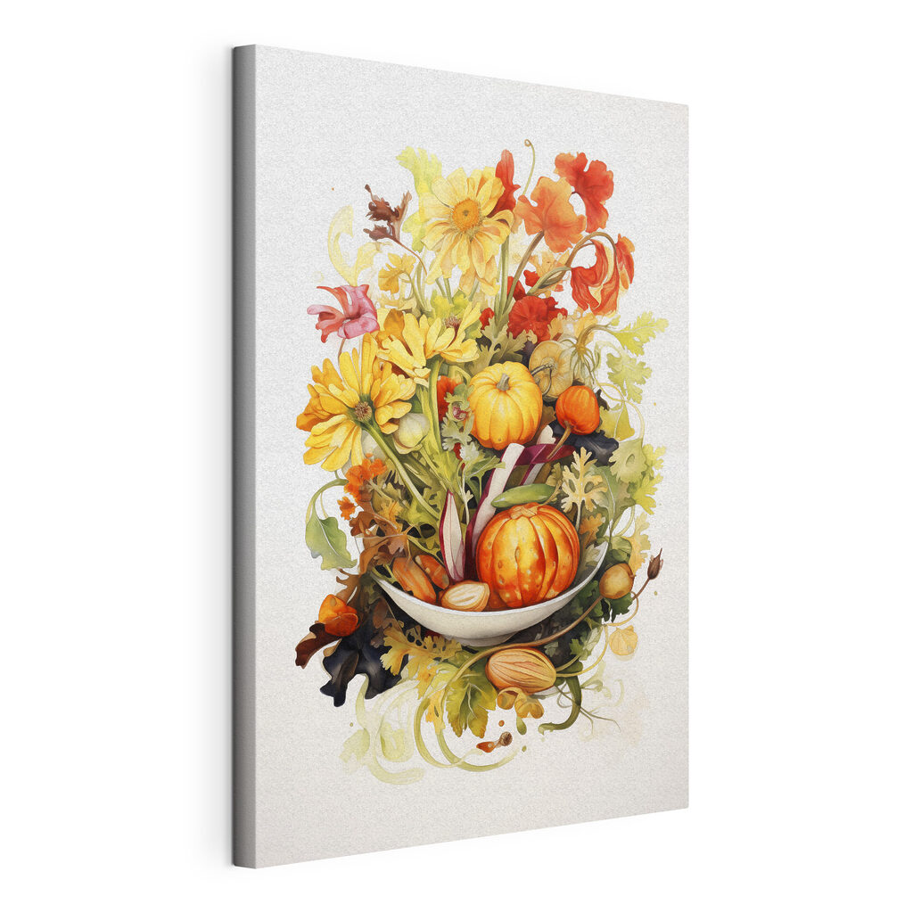 Bouquet potager à l’aquarelle, toile tendue et bord enveloppé