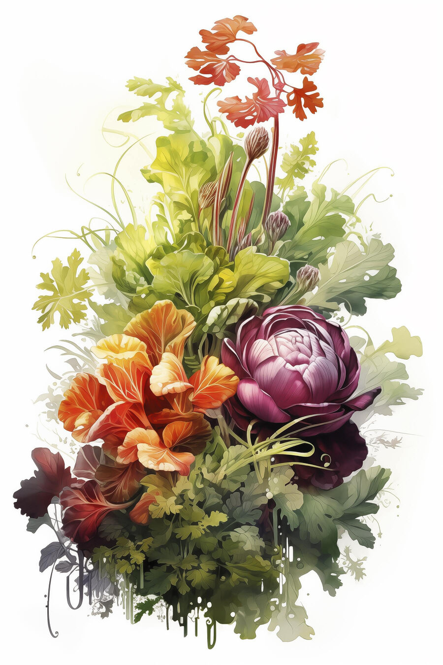 Chou rouge et fleurs — motif complet